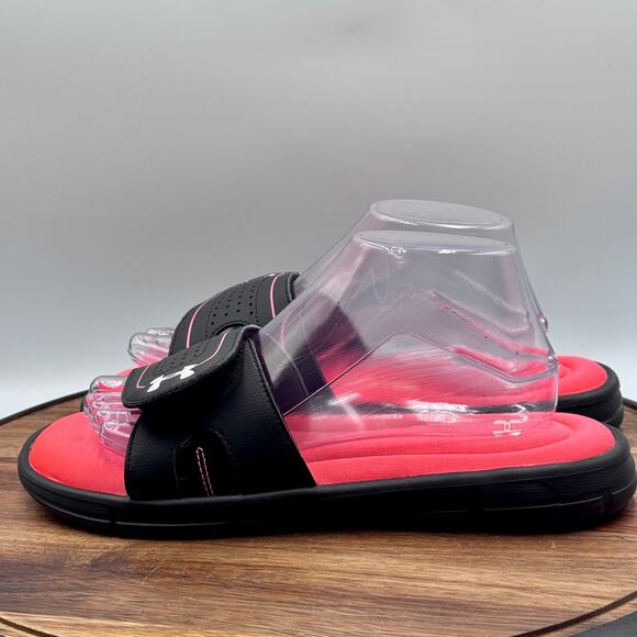 UNDER ARMOUR Sandals Youth Girl Size 10 Black and Pink Hook and Loop Slides - Picture 4 of 11